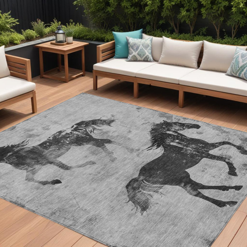Tapis extérieur gris et gris anthracite lavable à cheval 10 pi x 14 pi