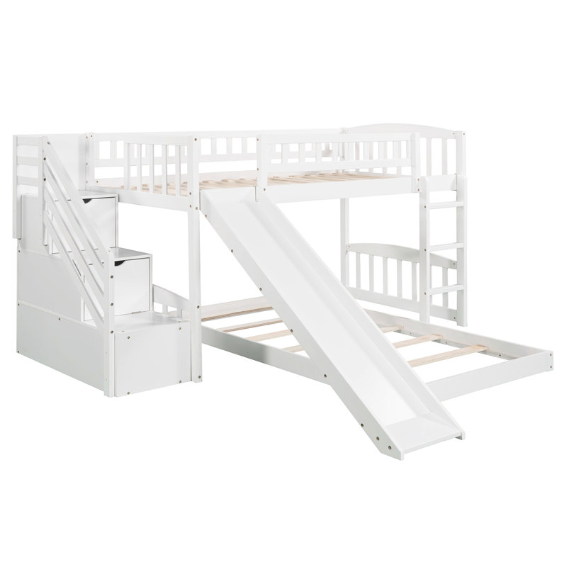 Lit simple superposé au dessus d'un lit blanc avec escalier sécuritaire et glissade amusante - Structure fonctionnelle avec tiroirs d'escalade