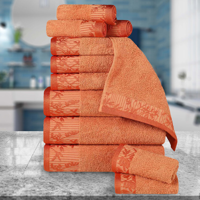 Carinna Cotton Medium Weight Floral Jacquard Border Assorted Bathroom Towel Set, Mandarian, 12 Piece Towel Set