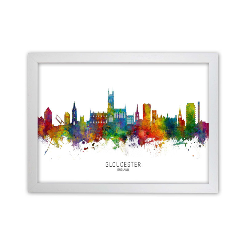 Gloucester England Skyline by Michael Tompsett - Print, White Framed, 34cm H x 46cm W x 3cm D