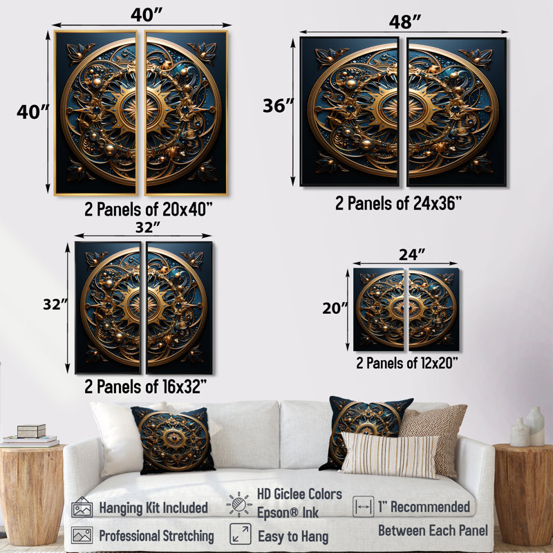Or et sarcelle 3D, fleurs, sceau antique - art mural moderne sur toile dorée, H 36 po x l 48 po, Noir