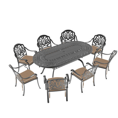 9-Piece Set Of Cast Aluminum Patio Furniture With Black Frame And Brown Seat Cushions