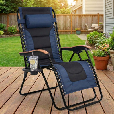 Foldable Patio Recliner, Oversized Padded Zero Gravity Chair, 30" Wide Seat Lounger With Cup Holder, Support 400 Lbs, Ergonomic Design For Spinal Relief, Removable Adjustable , Distinct Wooden ,