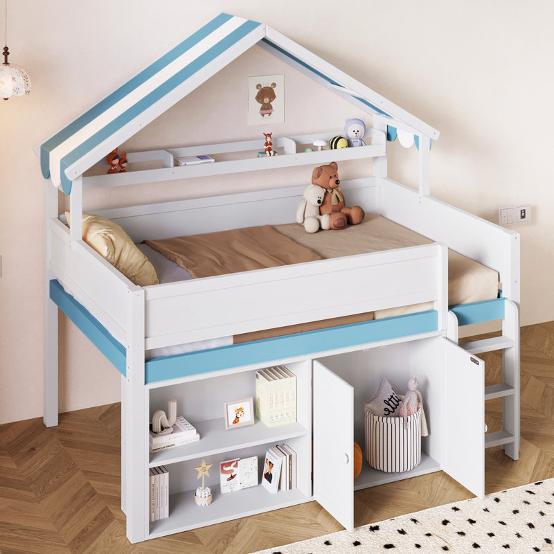 Full Size Loft Bed With Canopy Roof And Storage Cabinet, Blue/White