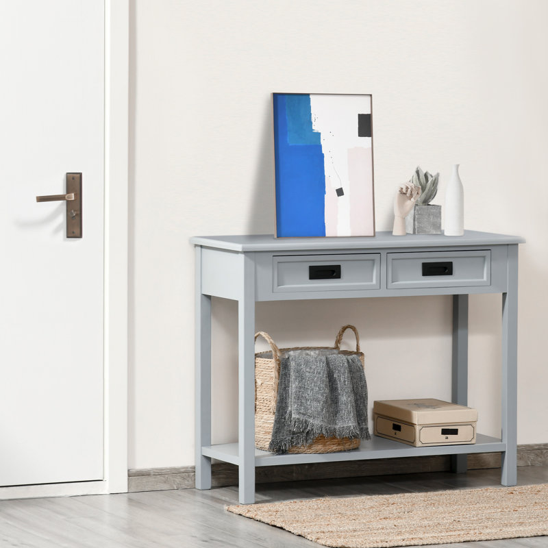 Console Hermine avec 2 tiroirs de rangement et tablette ouverte, canapé moderne pour couloir, salon, chambre à coucher, gris