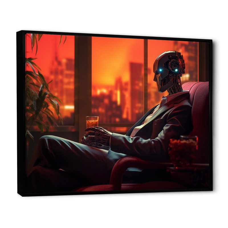 "Stylish Humanoid Android Sitting On Couch", reproduction sur toile, H 16 po x l 32 po x P 1 po, Cadre flottant noir
