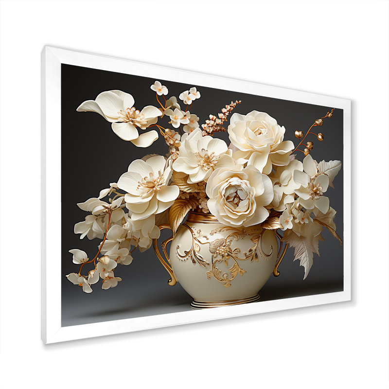 Impression sur toile Baroque Hydrangea blanc et or VII - Hydrangea, H 34 po x l 44 po x P 1,5 po, Cadre simple blanc