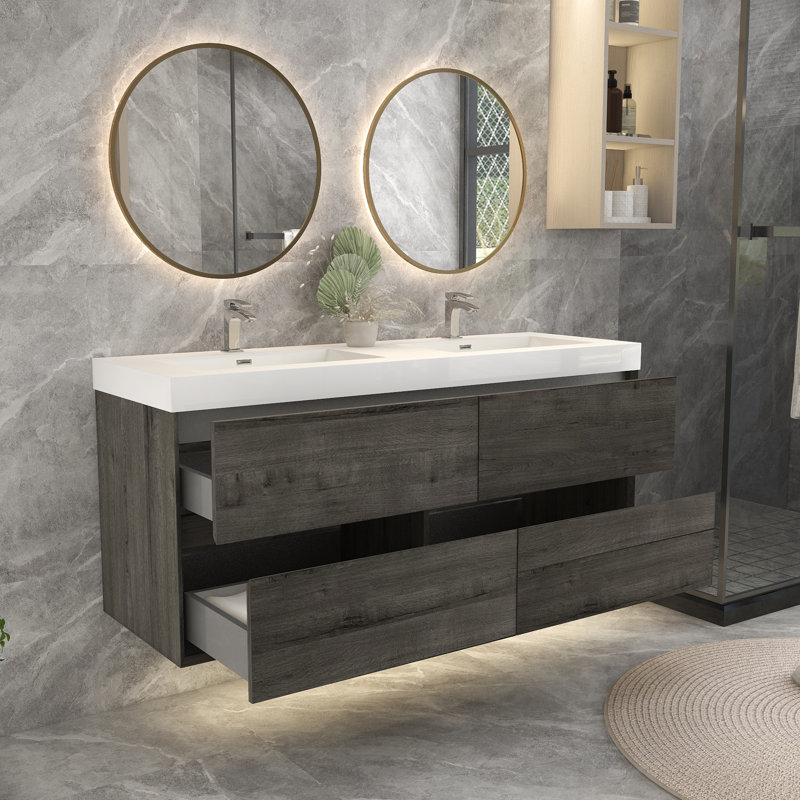 Ensemble de meuble-lavabo double 59 po, Chêne fumé