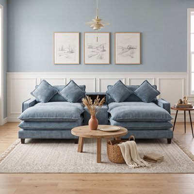 Canapé de coin quatre places en chenille avec rangement, poufs, ports de chargement et porte-gobelets