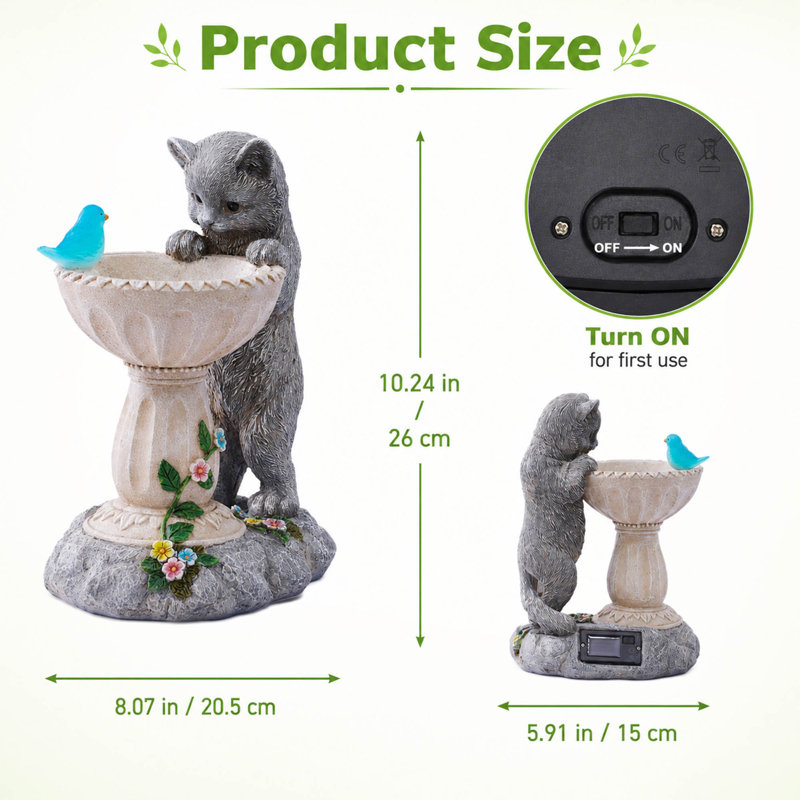 Statue solaire de jardin pour chat, lumière DEL chaude et bol à bain d'oiseaux