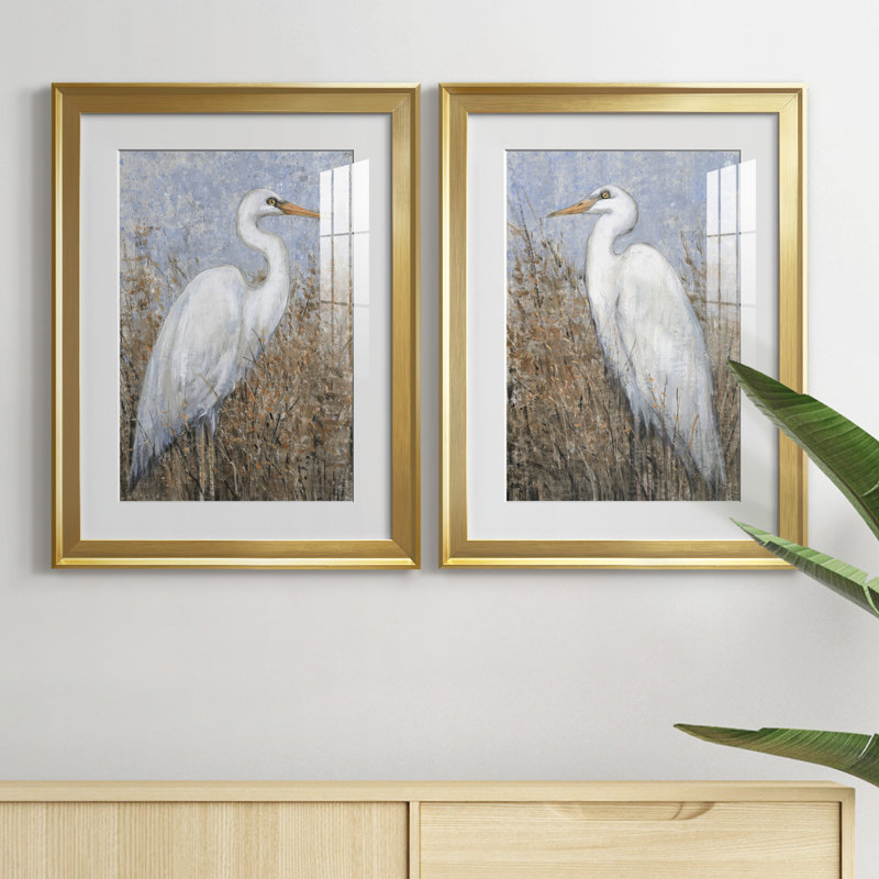 White Heron I, reproduction encadrée de qualité supérieure - prête à être accrochée, Cadre doré, H 30,5 po x l 45 po x P 1 po