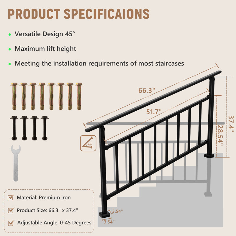Rails à 4 ou 5 marches pour l'extérieur, ensemble de rampes d'escalier en acier réglables pour porche, terrasse, noir, Noir
