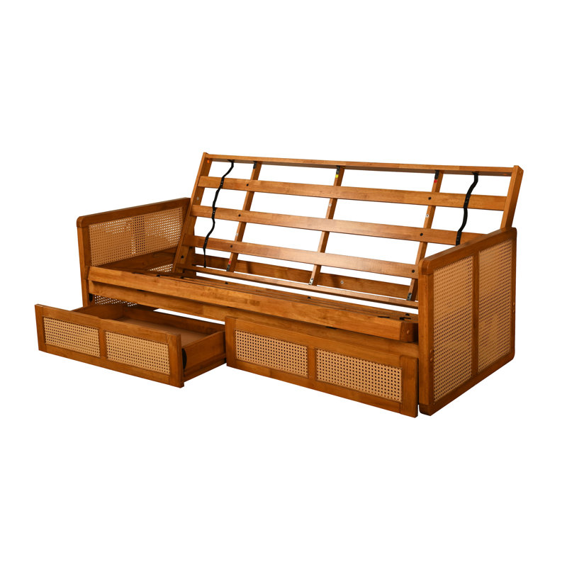 Structure de futon pleine grandeur avec rangement au fini miel, matelas non inclus