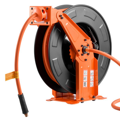 Enrouleur de tuyau d'air rétractable, tuyau en caoutchouc 3/8 po x 50 pi, pression maximale de 300 PSI, enrouleur de tuyau de compresseur à rembobinage automatique avec câble d'alimentation de 5 pi, conception à double bras en acier pour montage mural/plafond