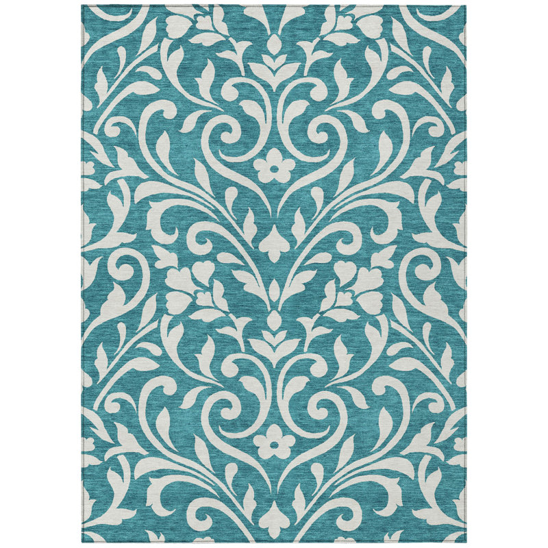 Tapis extérieur lavable floral bleu sarcelle et ivoire 5 pi x 8 pi