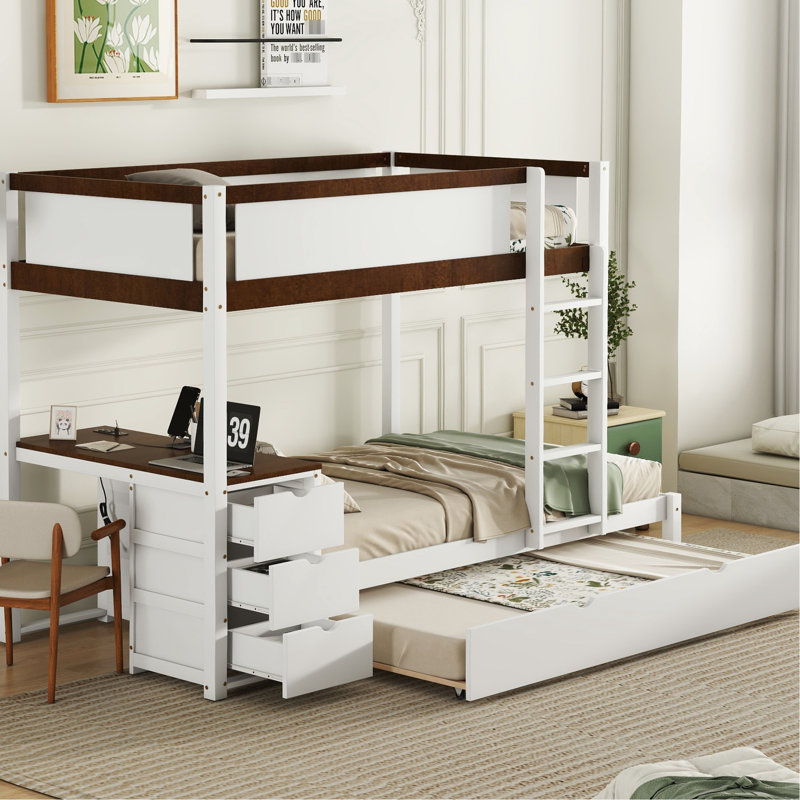 Lit simple superposé simple avec bureau, rangement en blanc et bureau moderne en noyer Twintwin