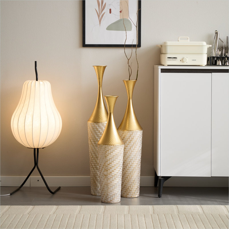 Ensemble de 3 vases de sol décoratifs, en aluminium texturé haut, or doux pour vestibule de 27,56 à 35,43 pouces