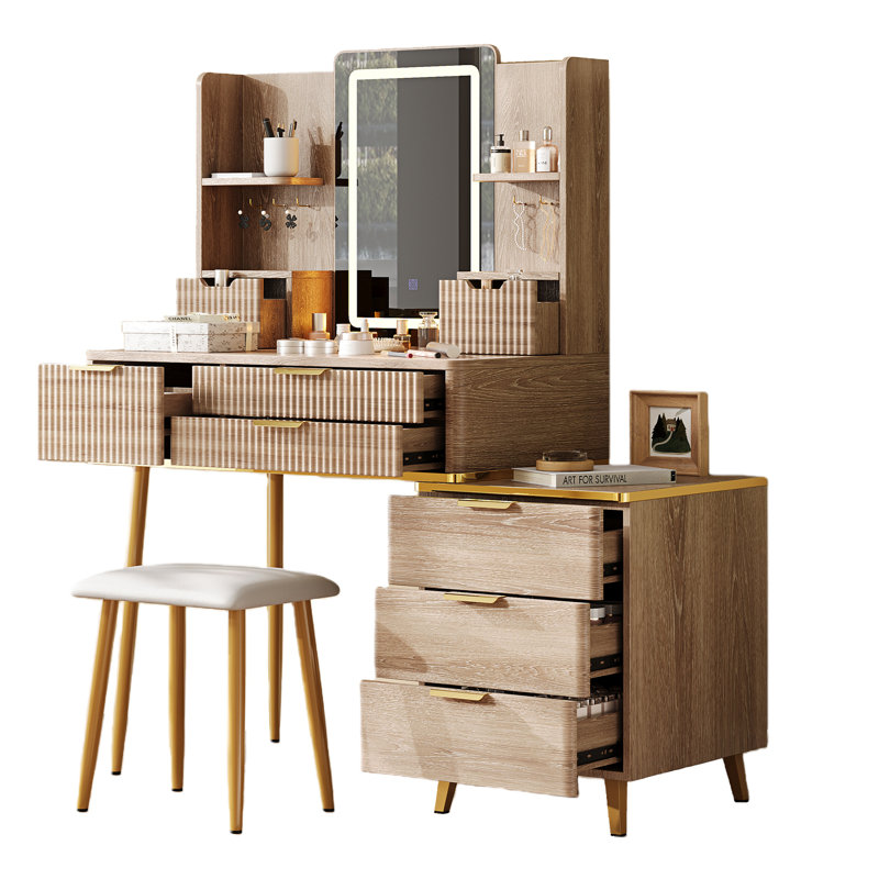 Meuble-lavabo extensible l 45 po avec tabouret en polyuréthane, 7 tiroirs, miroir à DEL et rangement pour bijoux