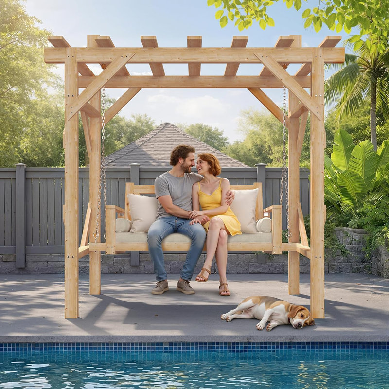 Outdoor  Cedar Wood Pergola Swing Bench, Porch Swing with Stand