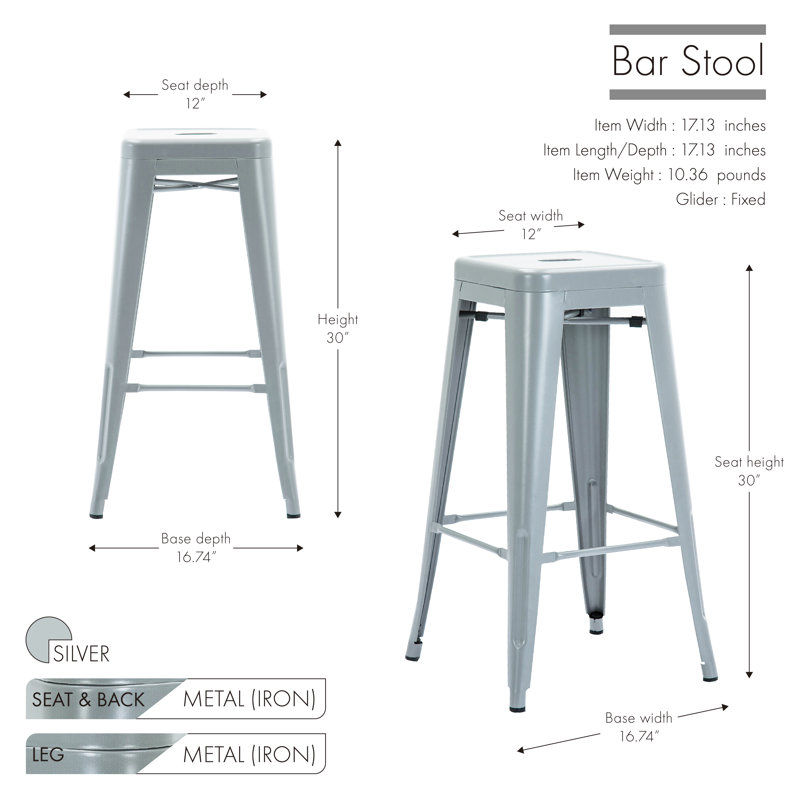 Wright Stackable Metal 30" Patio Bar Stool, Silver