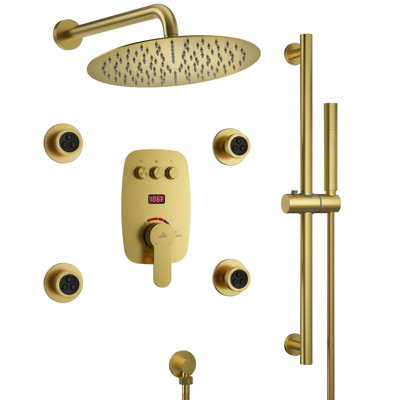 3-Function 12 Inch Temperature Digital Display Shower System With 2-Setting Slider Bar Handheld And 4Pcs Body Jets
