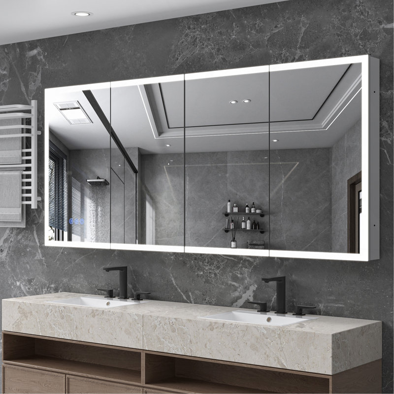 LED Lighted Medicine Cabinet With Mirror, 72*32Inches Bathroom Mirror Cabinet With Lights,Recessed Or Wall Mounted, 3 Colour Temperaturesanti-Fog