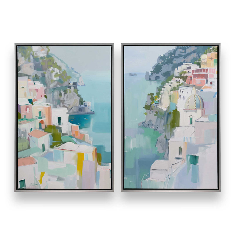Ensemble de 2 impressions Coastal Village Glow, 48 po x 32 po, Cadre flottant en chrome poli