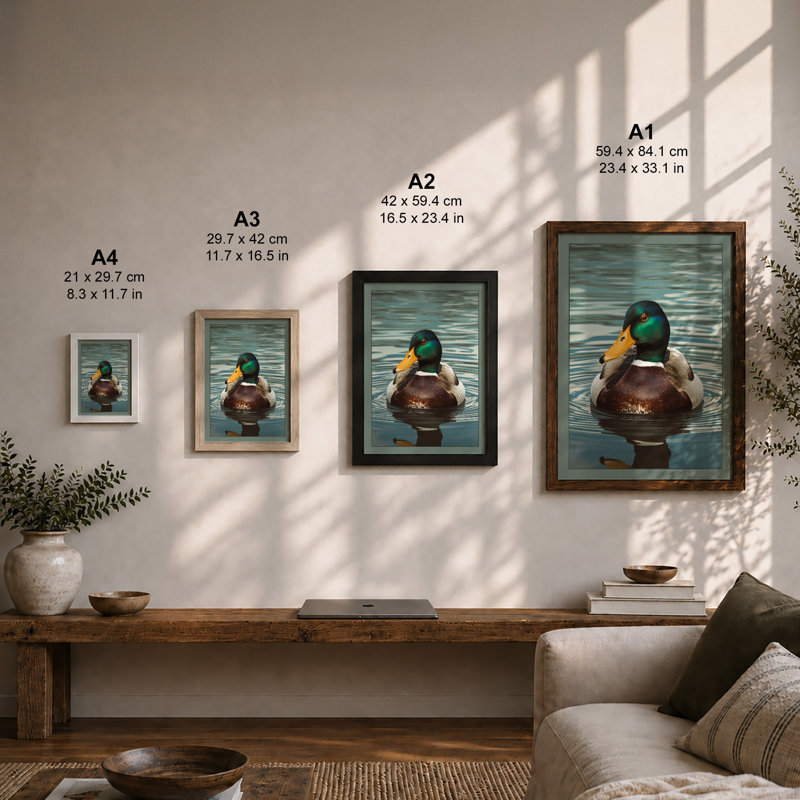 Mallard On Still Water Coastal - Print, A2 - 59.4 x 42.0 cm, Walnut