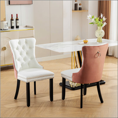 Collection Modern High-End Tufted Solid Wood Dining Chair With PU And Velvet Upholstery, Wood Legs, Nailhead Trim, White PU+Pink Velvet, 2-Pcs Set