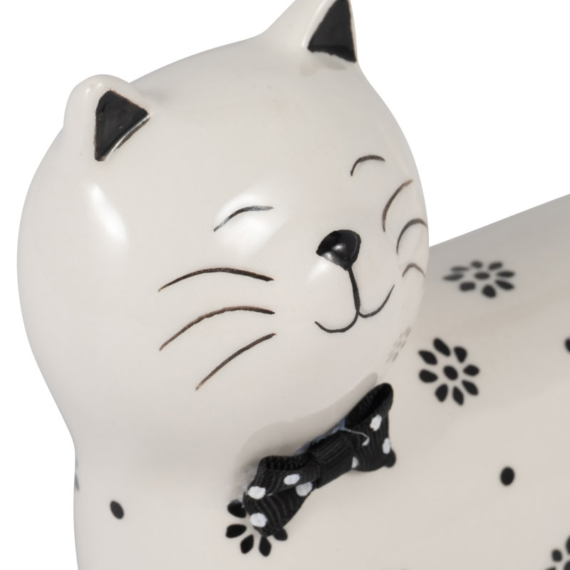Decorative Ceramic Cat Sculpture Figurine with Bowtie for Home Decor - Unique Object Statue for Table, or Living Room Decoration