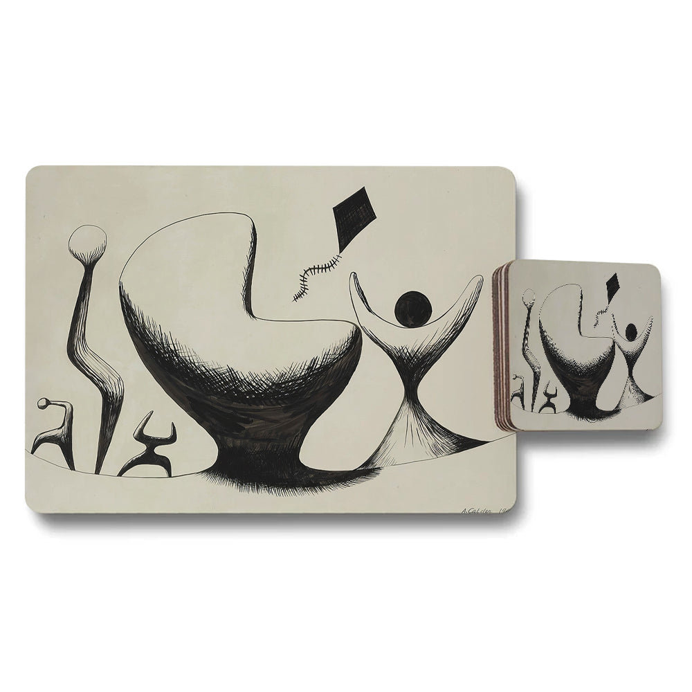 Abstract Art Placemat And Coaster Set Black White Modern Dining
