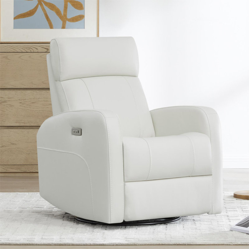 Arrianna-Fiona Genuine Leather Swivel Power Recliner, White Leather Match