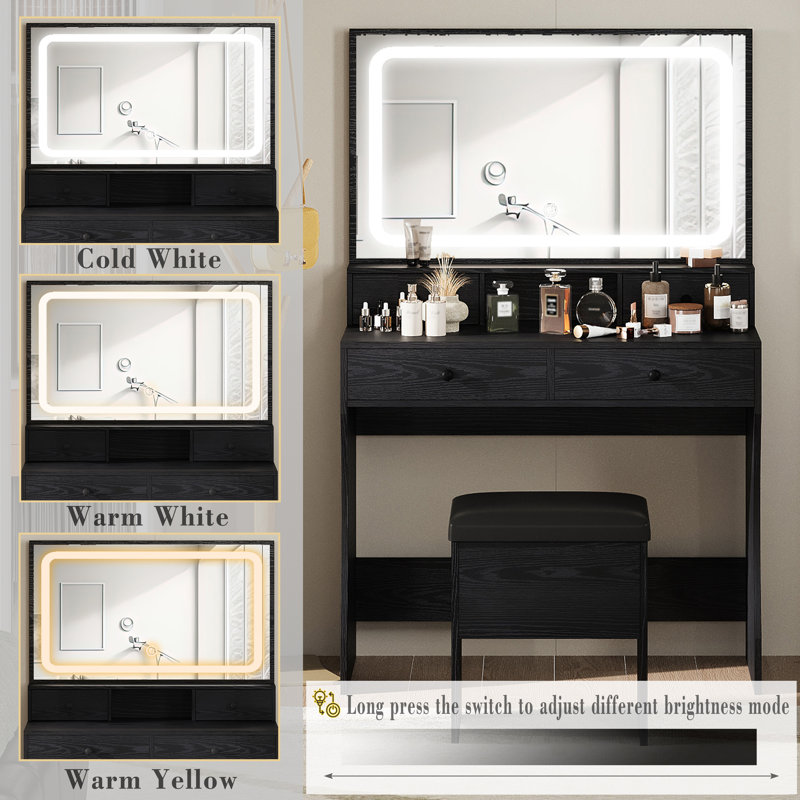 Baelyn Makeup Vanity  with  LED Lighted Mirror,  Modern 4 Drawers Vanities Desk with Stool, Black