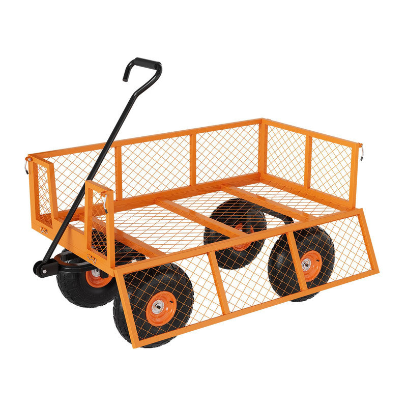 Chariot de jardin pliant robuste - Chariot en acier de 500 lb avec pneus de 10 po et côtés grillagés, Orange
