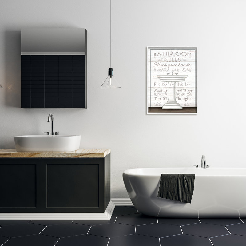 «Rustic Bathroom Rules Sink» par Elizabeth Tyndall, Giclée encadrée blanc bord de mer, H 30 po x l 24 po x P 1,5 po