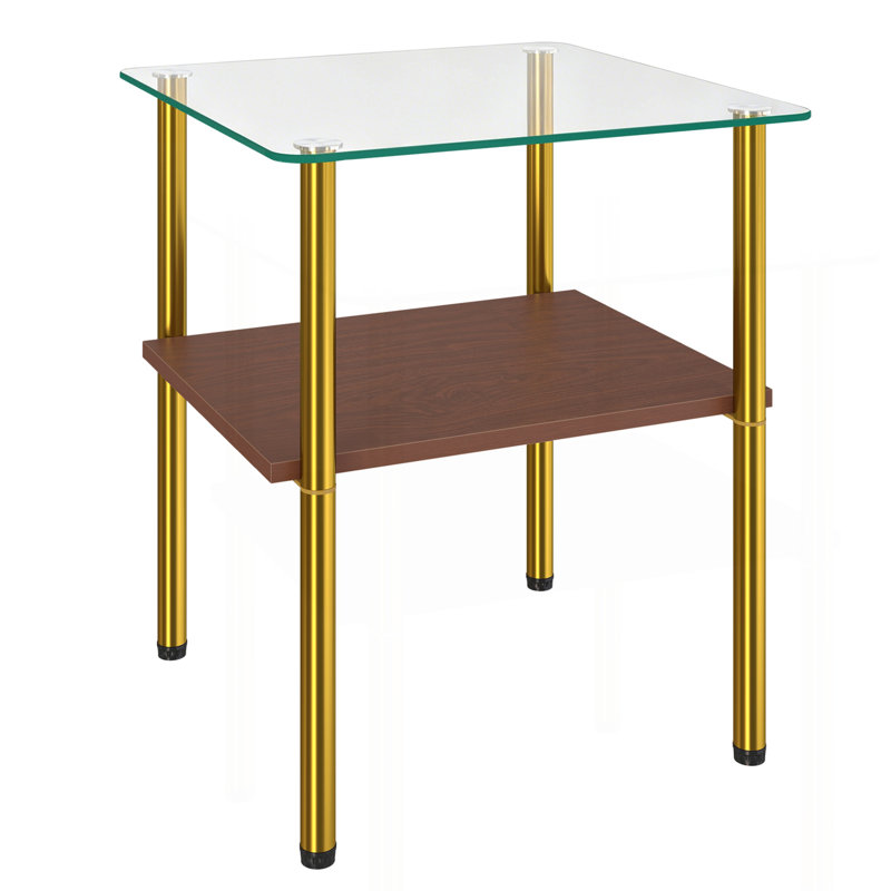 Table d'appoint 2 pièces en verre rectangulaire moderne, plateau en verre trempé, tablette de rangement en MDF et pieds en métal, table d'appoint minimaliste pour salon et chambre à coucher