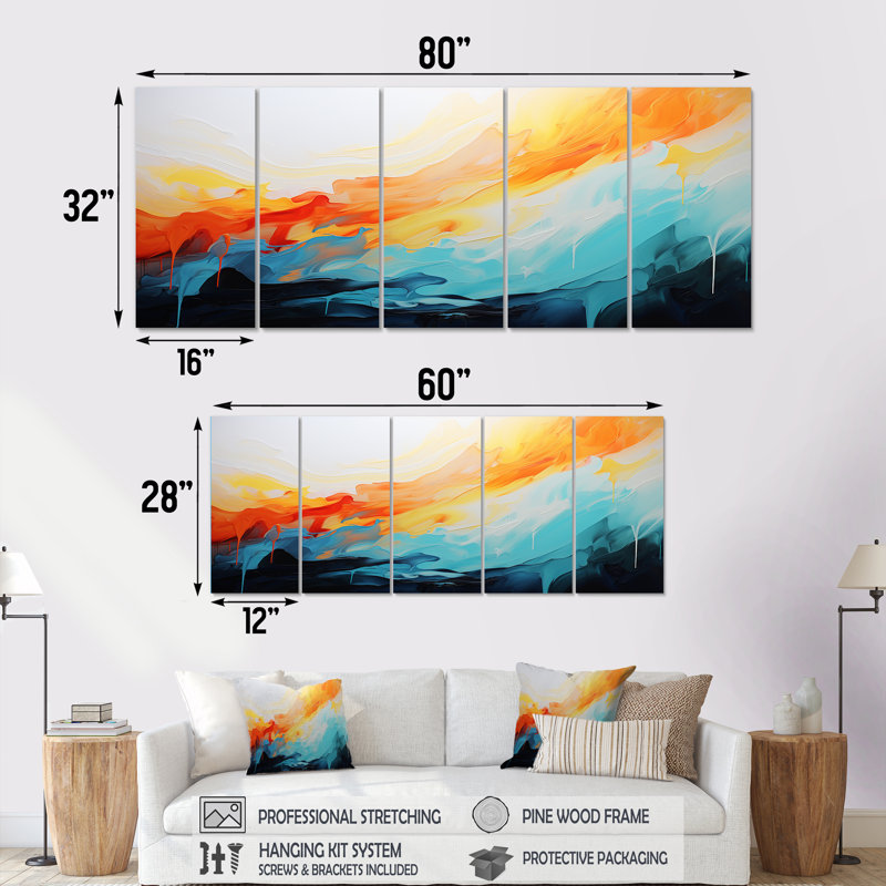 «Blue and Orange Colorful Abstract Waves I», ensemble de 5 peintures murales abstraites, H 32 po x l 80 po
