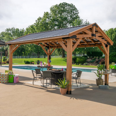 Backyard Discovery Norwood 16' x 12' Cedar Wood Outdoor Patio Gazebo with Hardtop Galvanized Steel Peak Roof and PowerPort