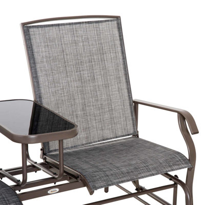 Siège coulissant en métal avec table centrale. Patio gris pour l'extérieur. Double glissement. Tissu en filet respirant. 726 lb Capacité de charge. Cour arrière, jardin, porche. Centre de banc H 32,25 po x l 58,25 po