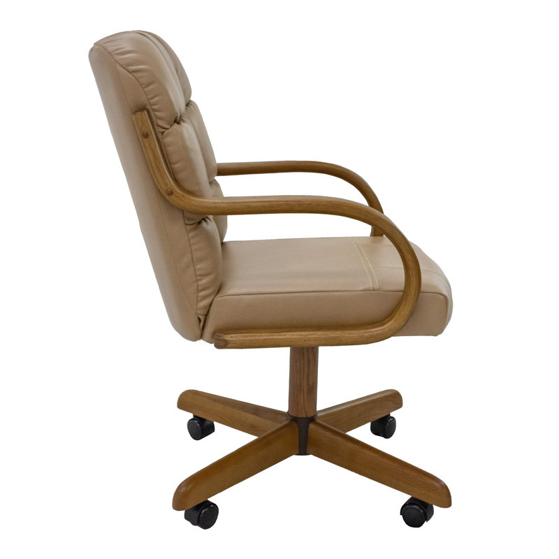 Swivel-Tilt Caster Casual Dining Chair in Tan Faux Leather with Chestnut