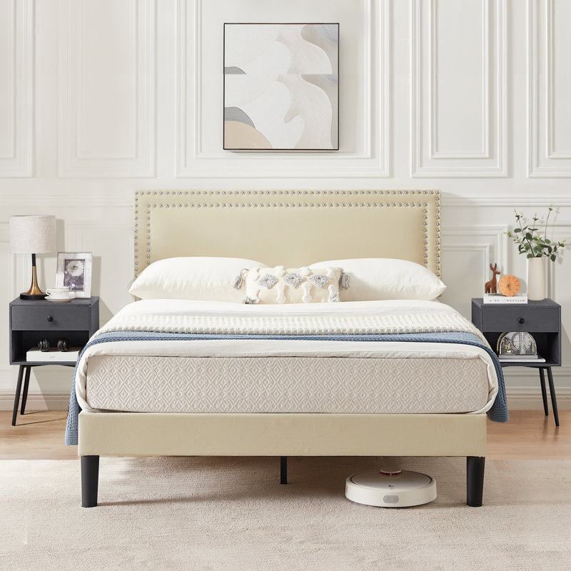 Ensemble de chambre avec lit plateforme 3 pièces Keyona, Gris / Crème, Grand
