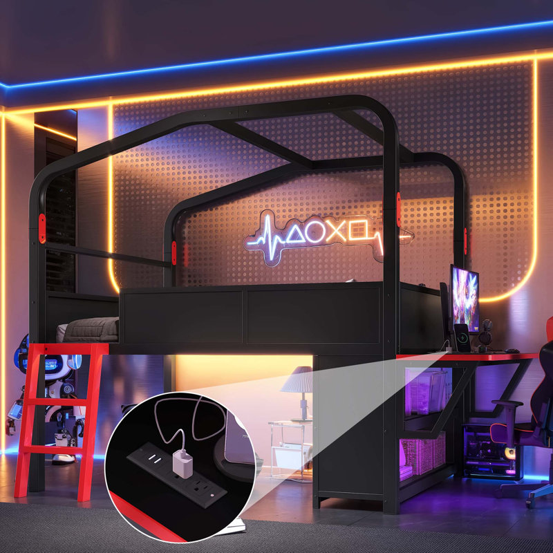 Gaming Loft Bed with Integrated Side Desk and LED Ambiance