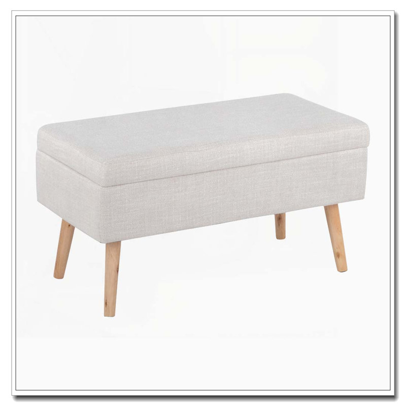 Banc de rangement contemporain avec pieds en bois naturel et tissu beige
