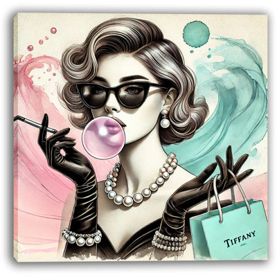 «Vintage Glam Fashion Woman», art mural sur toile tendue avec perles et sac de menthe