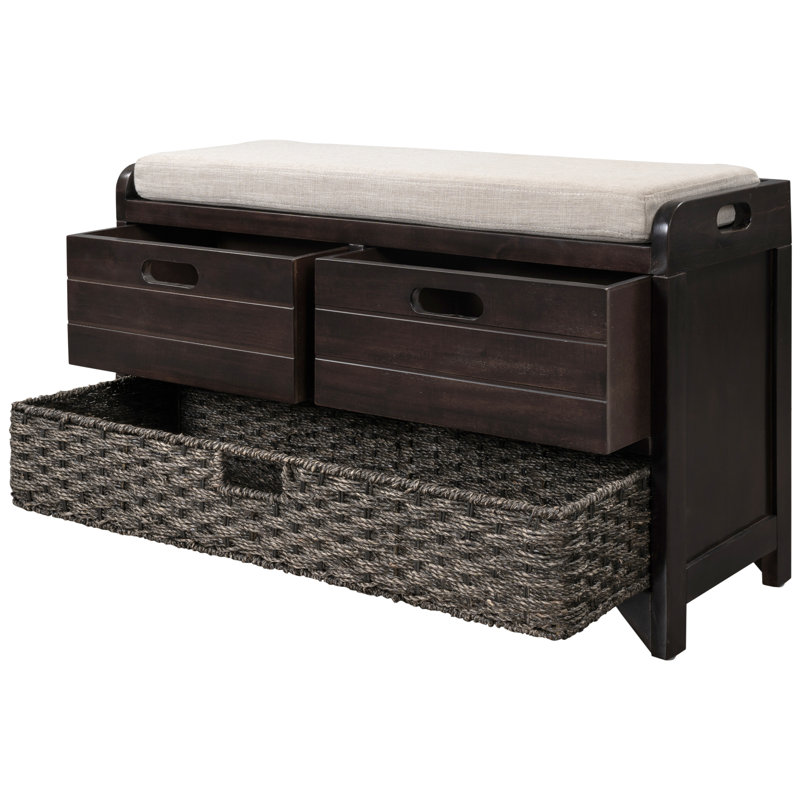 Banc, banc de rangement, banc d'entrée, banc de rangement rembourré, avec panier et tiroirs, Espresso