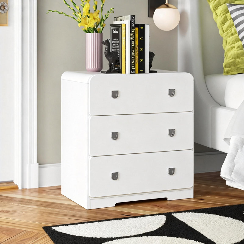 Table de chevet peinte à 3 tiroirs pour chambre à coucher, Blanc