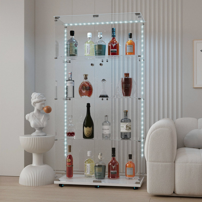 Vitrine en verre trempé, armoire à vin, armoire de rangement, classeur, avec bande à DEL Bluetooth, peut être contrôlée par une télécommande ou une application mobile, roulettes pivotantes, peut être placée