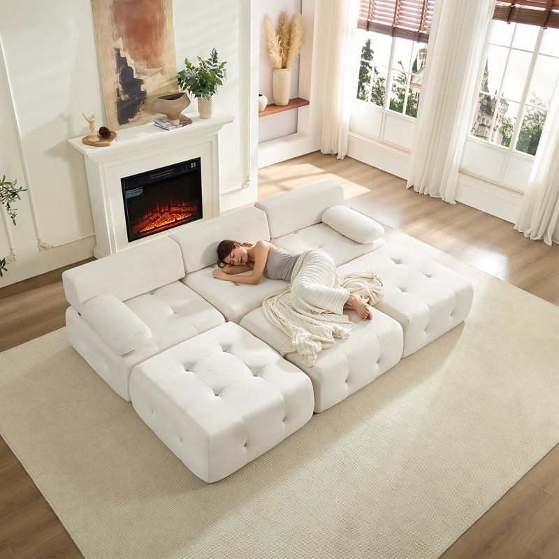Canapé modulaire velours capitonné modulaire, beige, Beige
