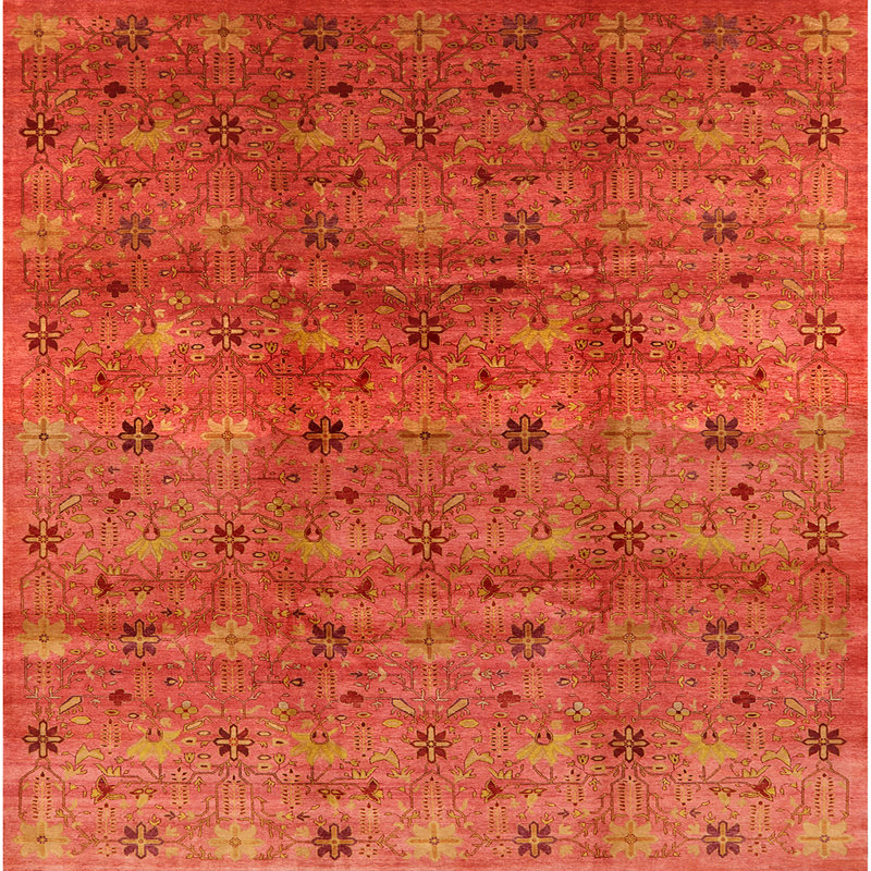 Tapis rouge à motif floral, Carré 7 pi