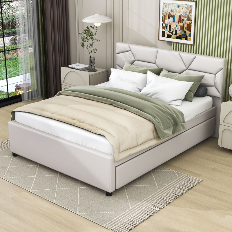 Lit plateforme tapissier avec couchette Elerte, Beige, Grand